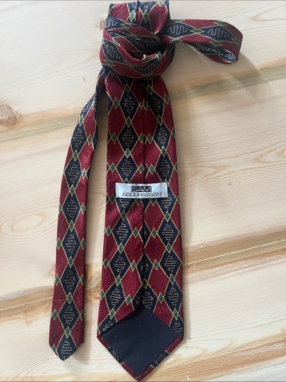 Vintage 90’s Sam Abouhassan Men's Burgundy Diamond Geometric Patterned Silk Tie